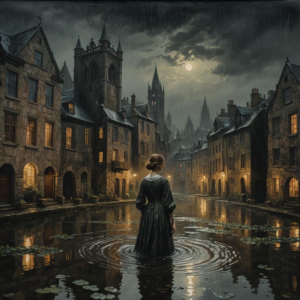 Ophelia in Rainy Cityscape Pond, Impressionist Oil Painting