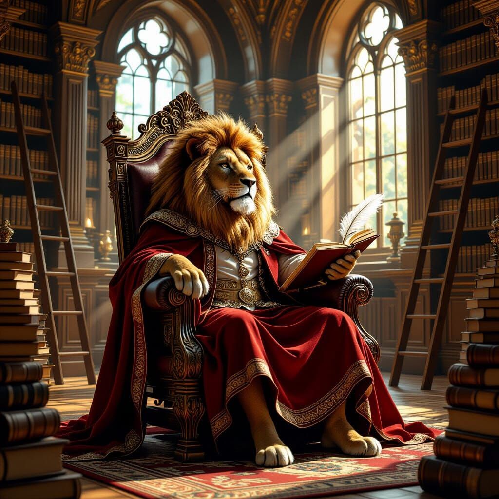 Lion King on Book Throne in Whimsical Library
