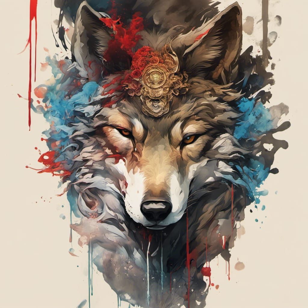 Asian Wolf Yokai in Graffiti Art Style