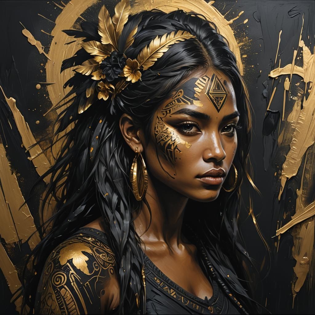 Polynesian Girl: Black Matte Painting with Gold Highlights