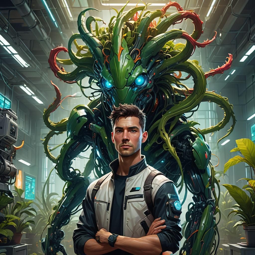 Man and Plant in Futuristic Lab, Hyperrealistic Art