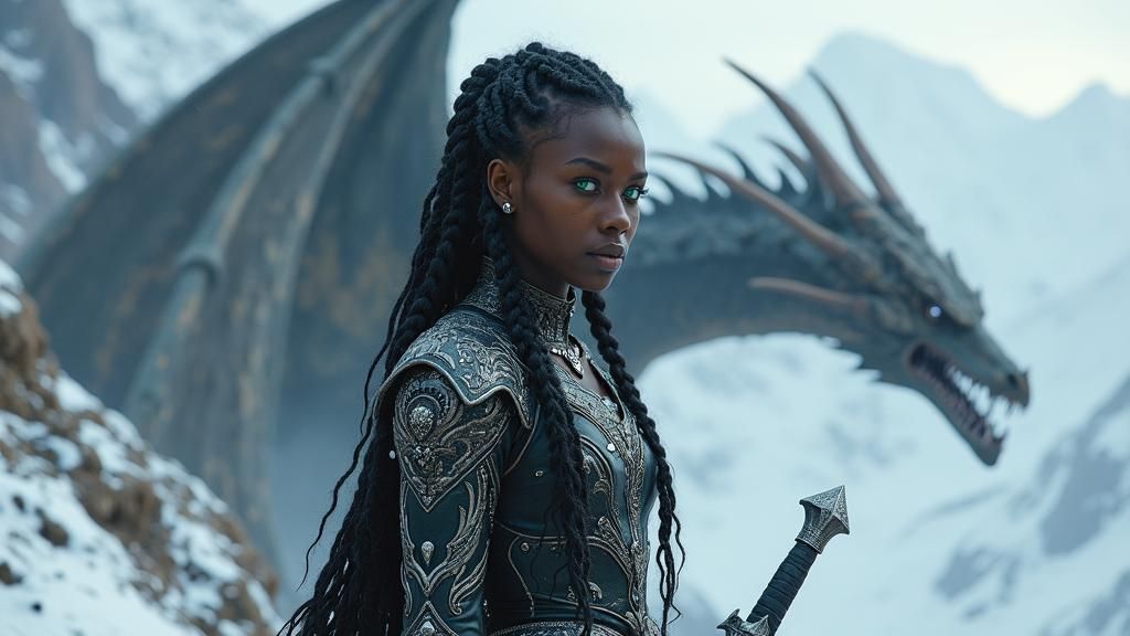 Woman Facing Dragon in Dark Fantasy Landscape