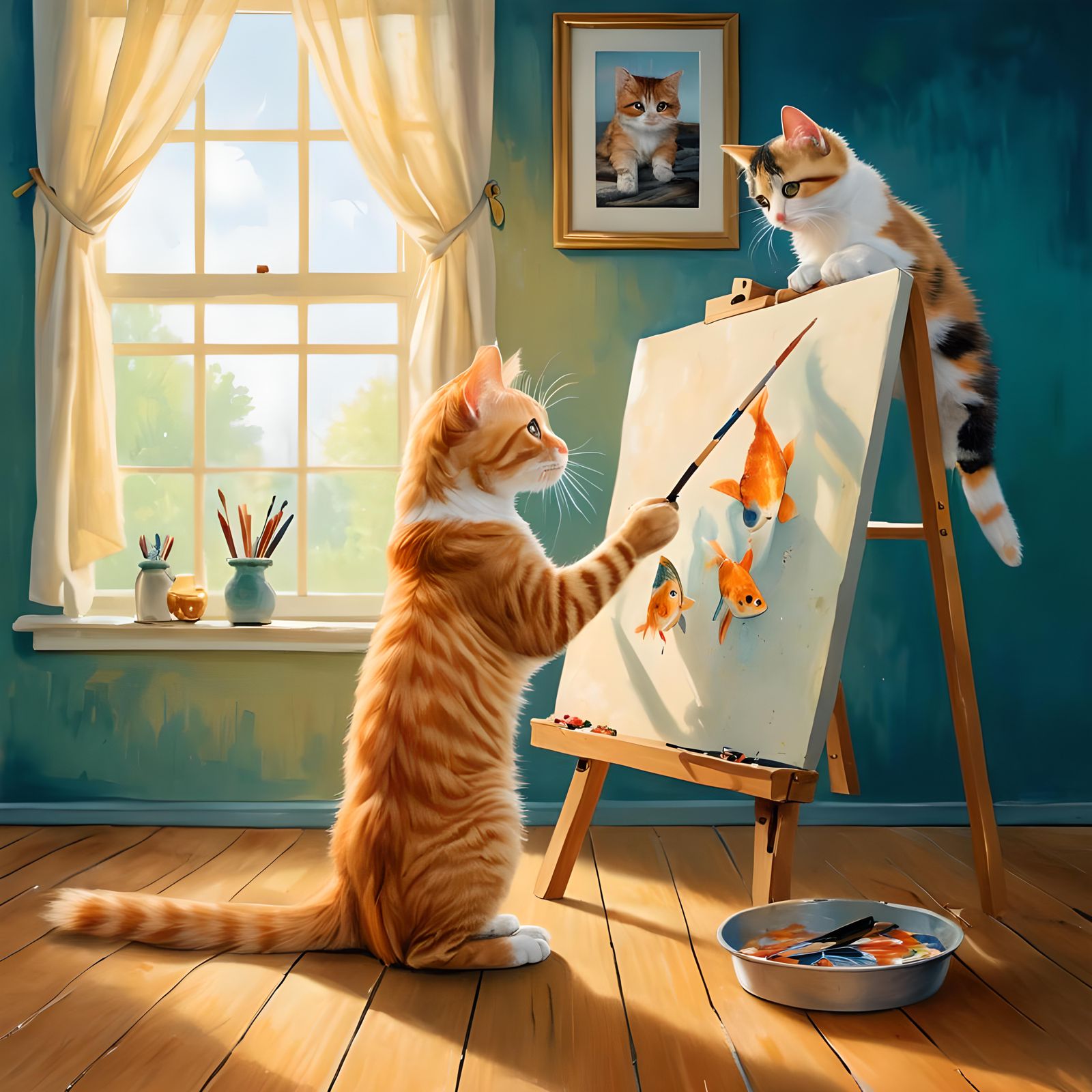Orange Tabby Cat Painting a Fish