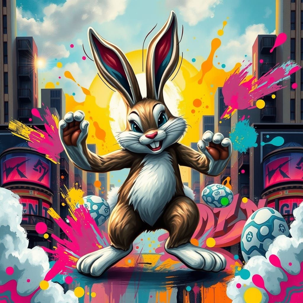 Vibrant Easter Bunny in Urban Cityscape Graffiti