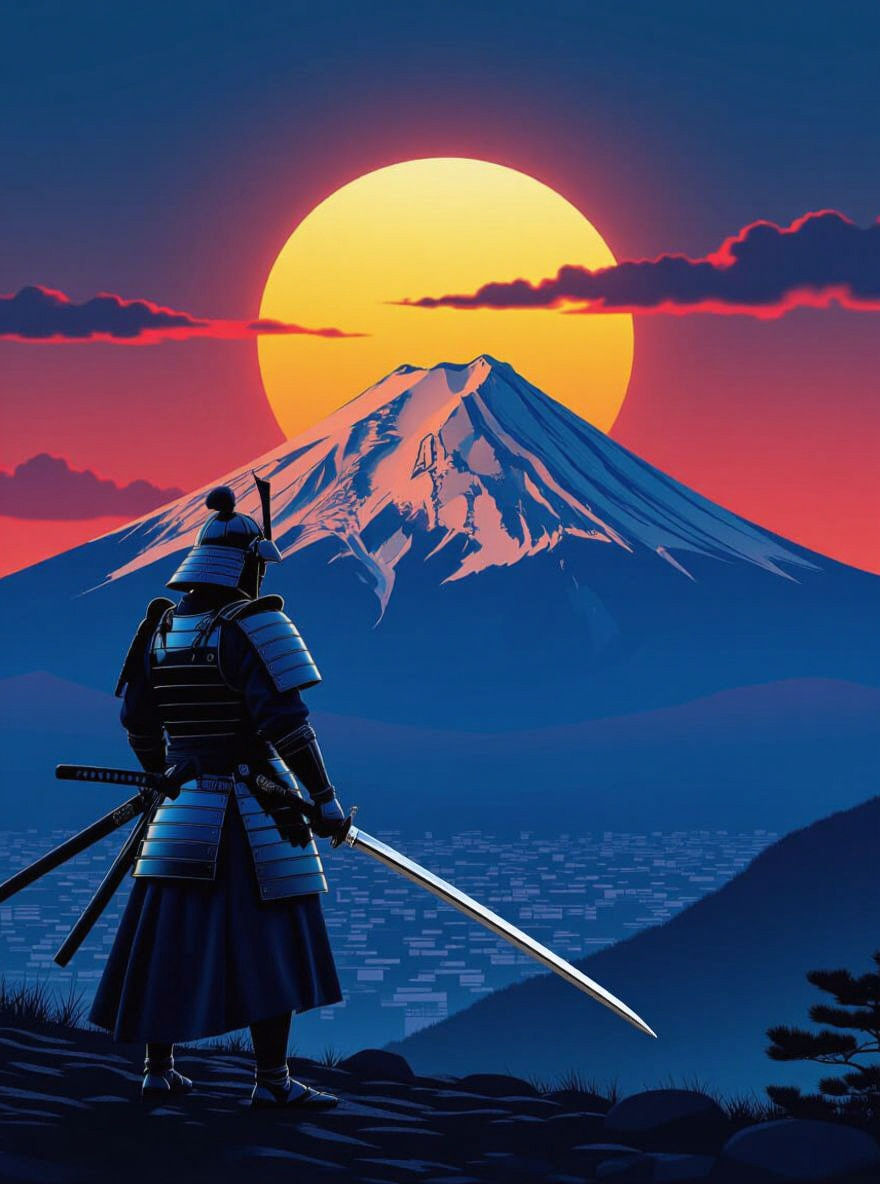 Lone Samurai Against Fiery Sunrise and Mount Fuji