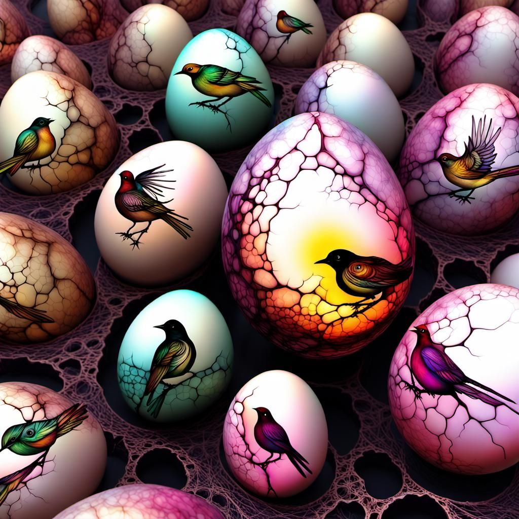 Crackle Fractal Eggs with Birds Fine Art