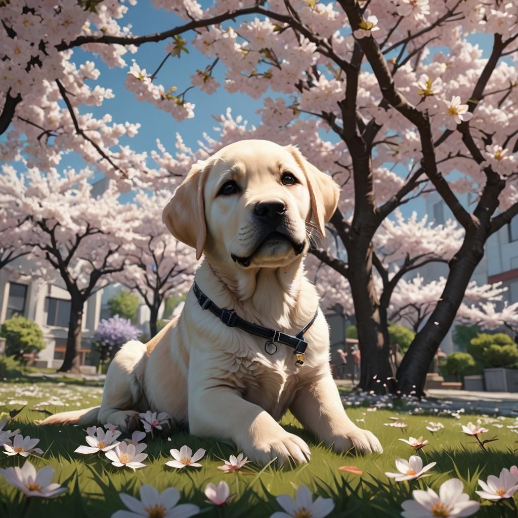 Labrador Puppy under Cherry Blossoms: 3D Anime Art