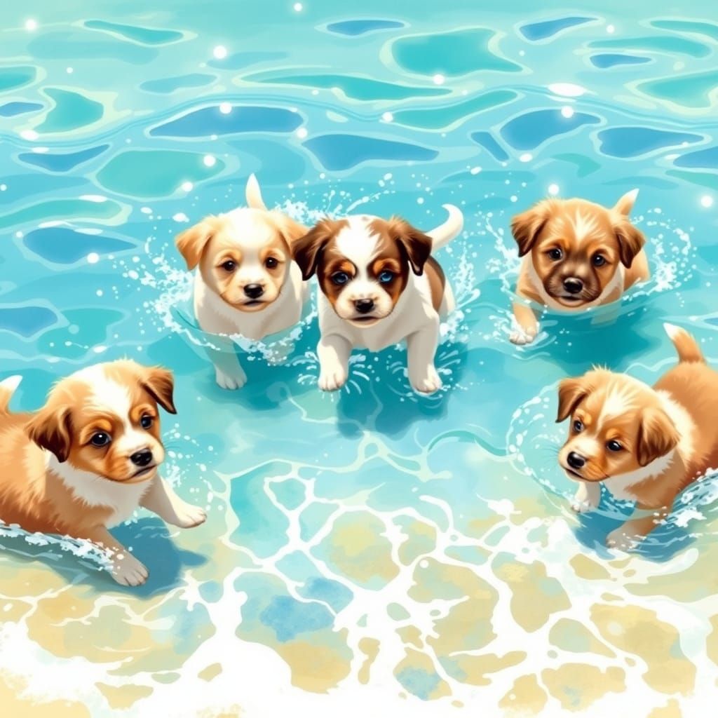 Playful Puppies frolic in Turquoise Waves on a Sun-kissed Be...