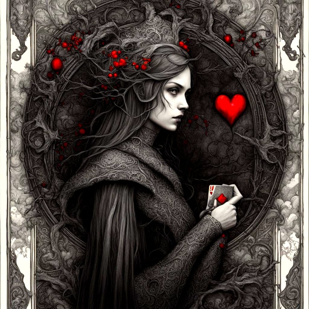 Queen of Hearts Card on Tree, Hyperdetailed Charcoal Drawing