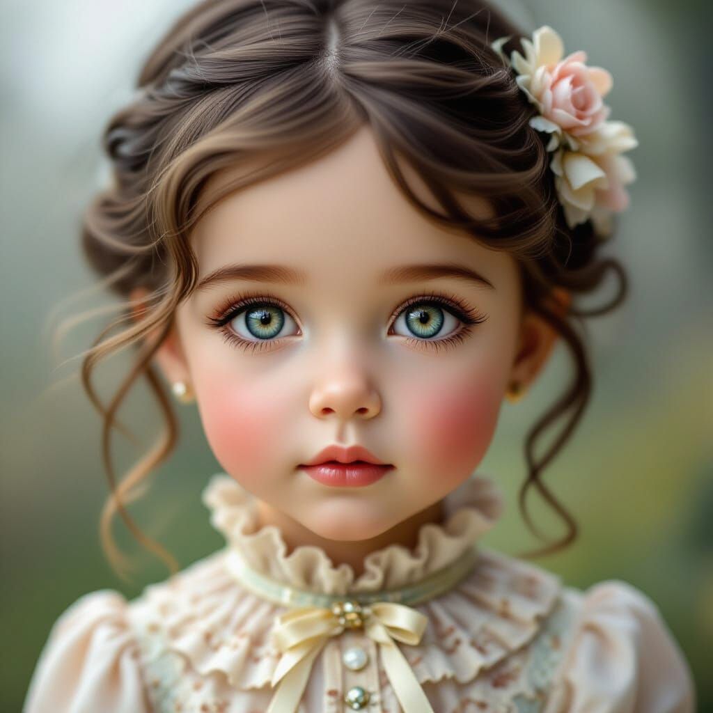Doll-Like Child with Huge Eyes and Ornate Clothing