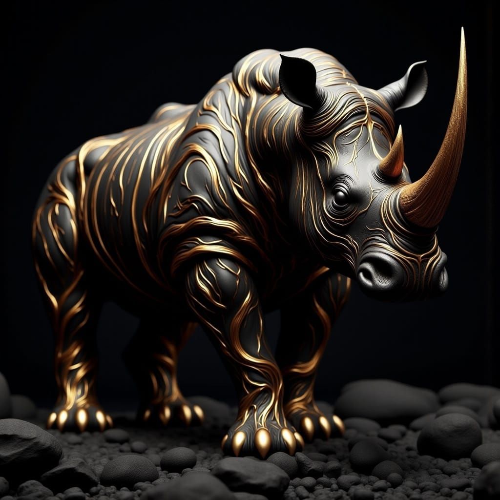 Golden Accented Javan Rhino in Noir Style