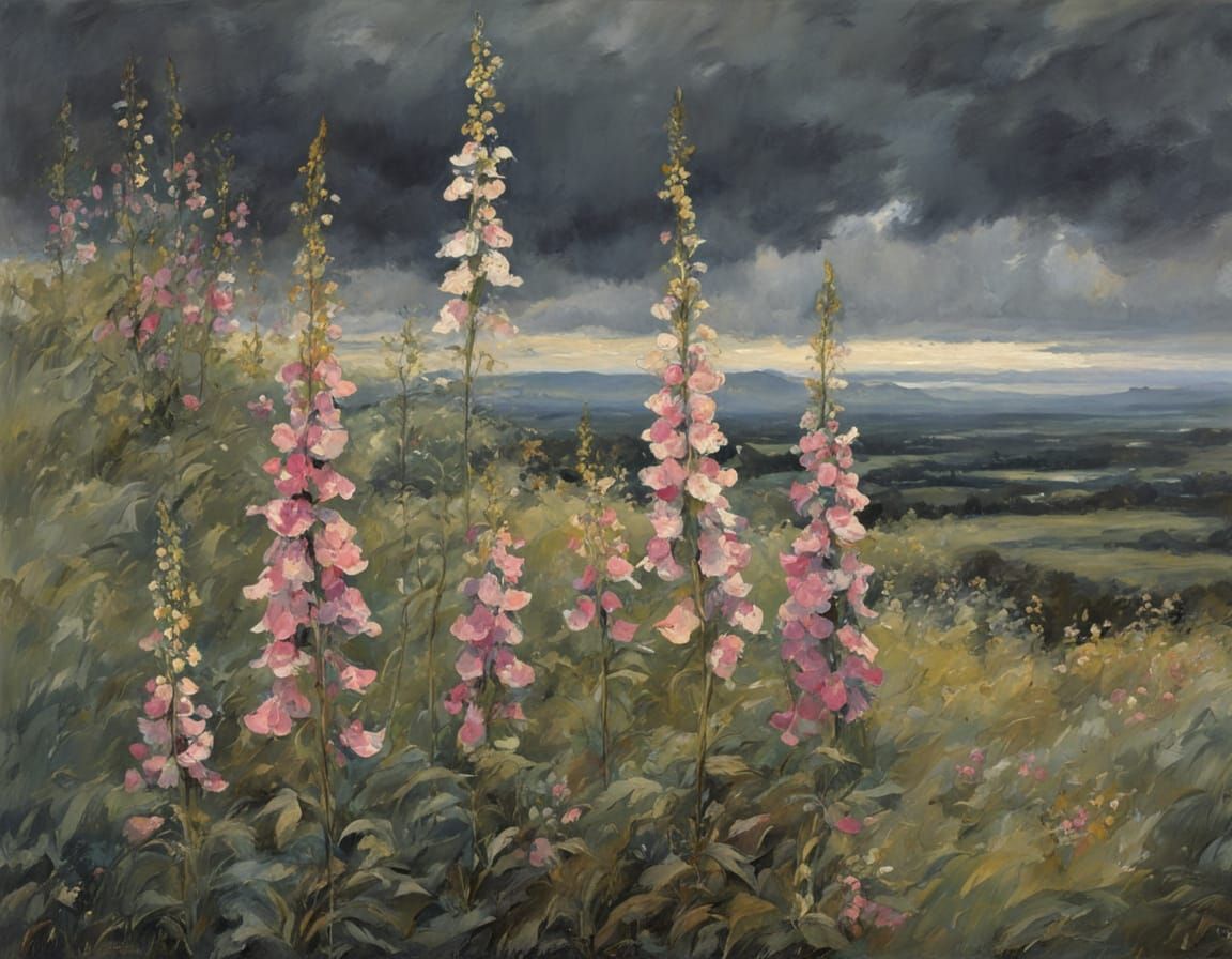 Vibrant Wildflowers in a Moody, Dreamlike Landscape