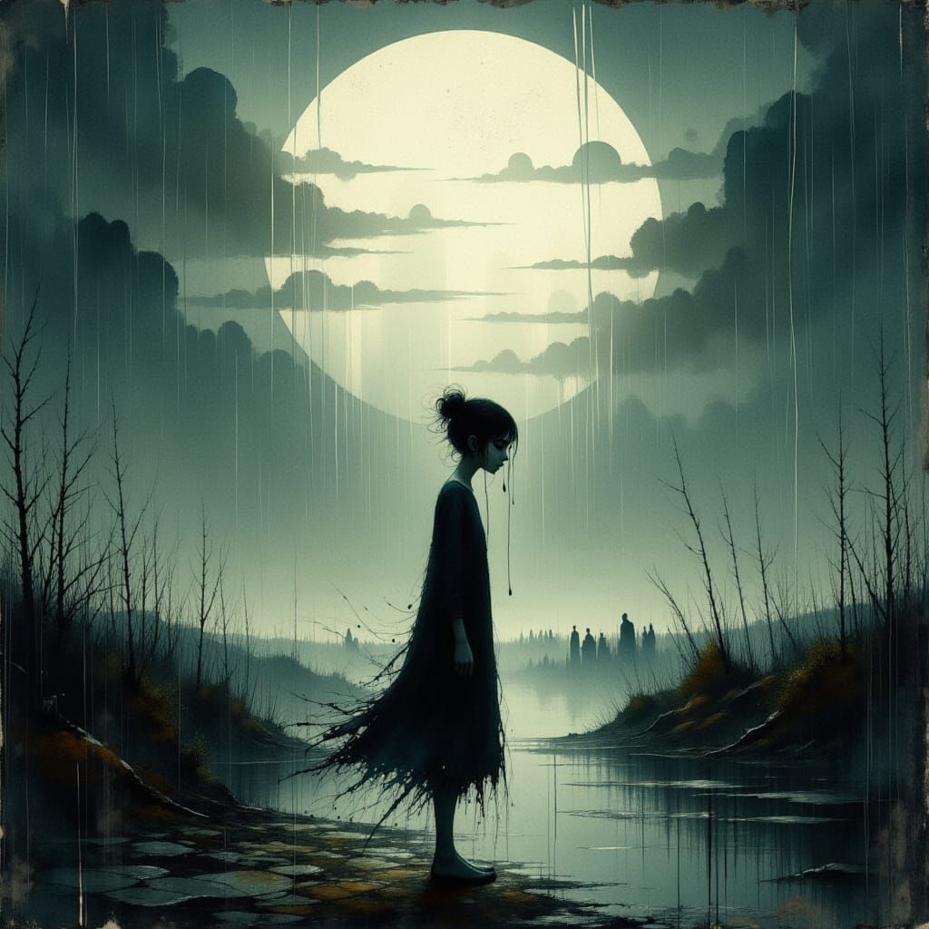 Sorrowful Figure in Stormy Landscape