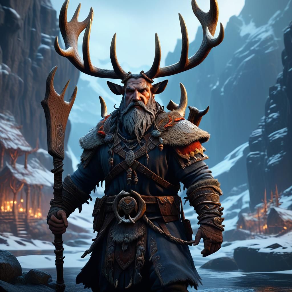 Viking with Antlers in Detailed Matte Painting