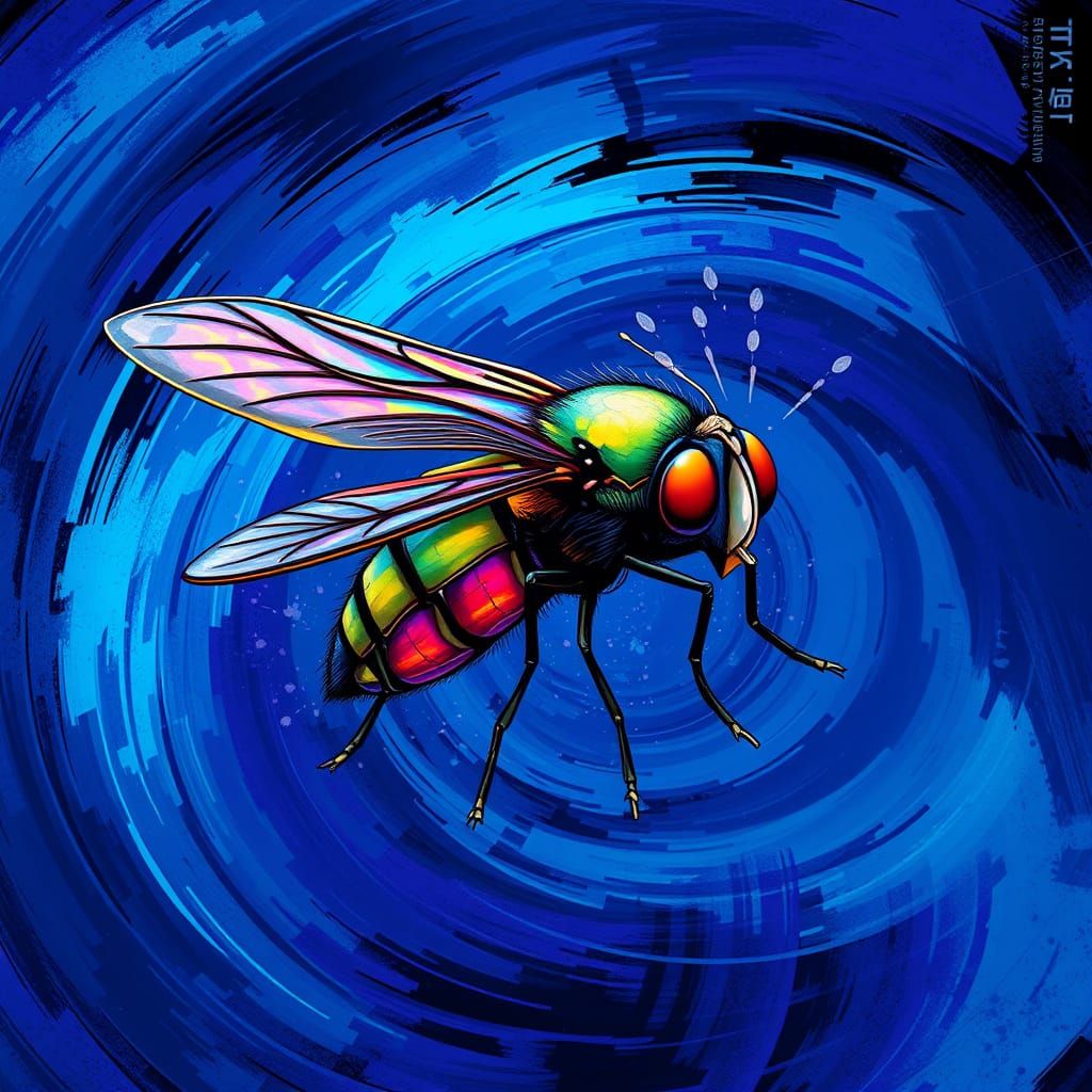 Iridescent Fly Takes Flight in Futuristic Cityscape