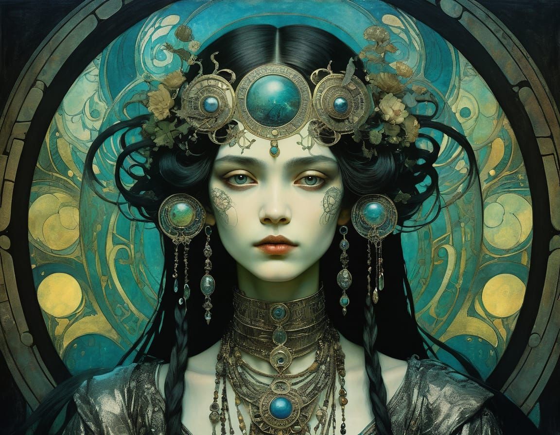 Surreal Black Figure in Art Nouveau and Biomechanical Style