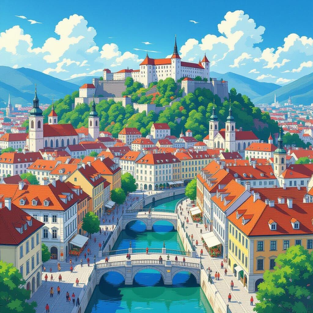 Ljubljana, Slovenia: Aerial View in Anime Style