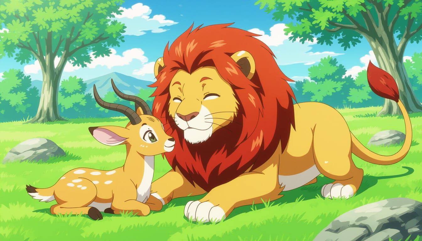 Lion Cub Playdate: Anime-Style Gazelle Encounter