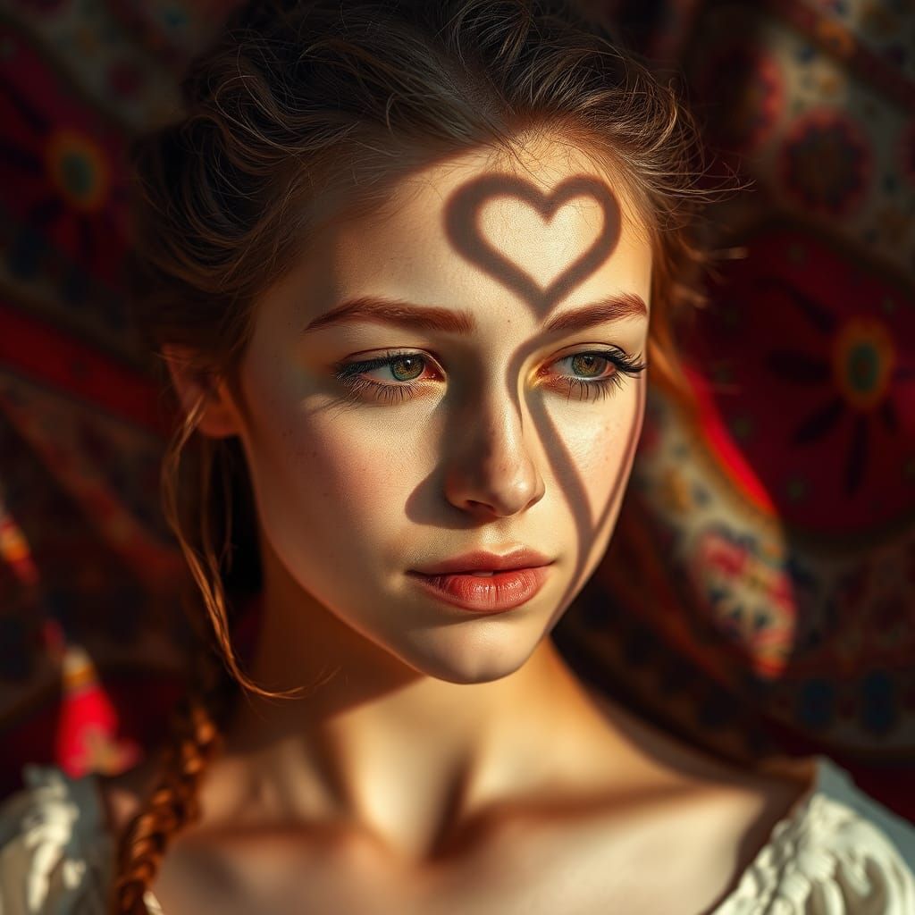 Warm Portrait with Shadowed Hearts and Silk Scarf