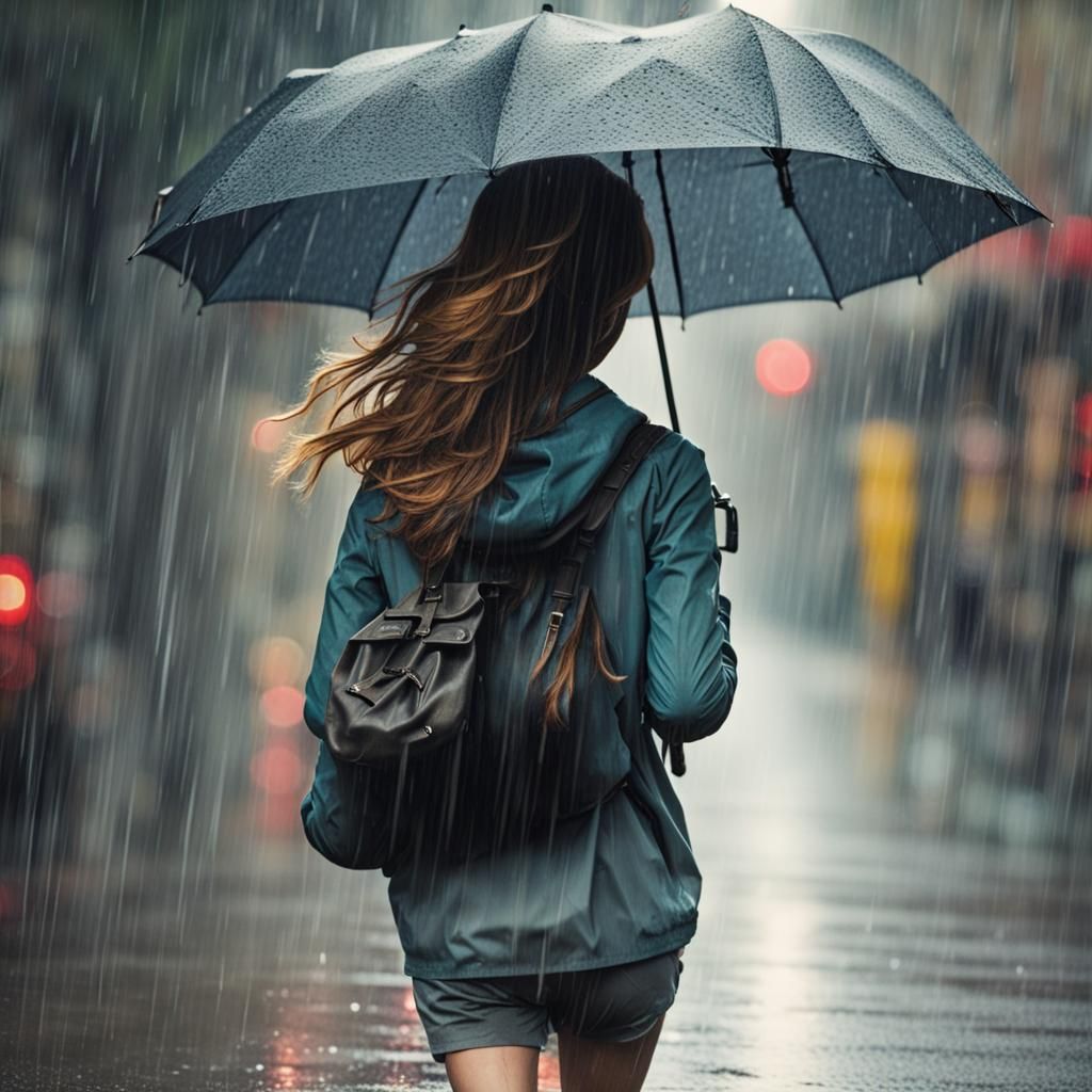 Girl Running in Rain with Umbrella