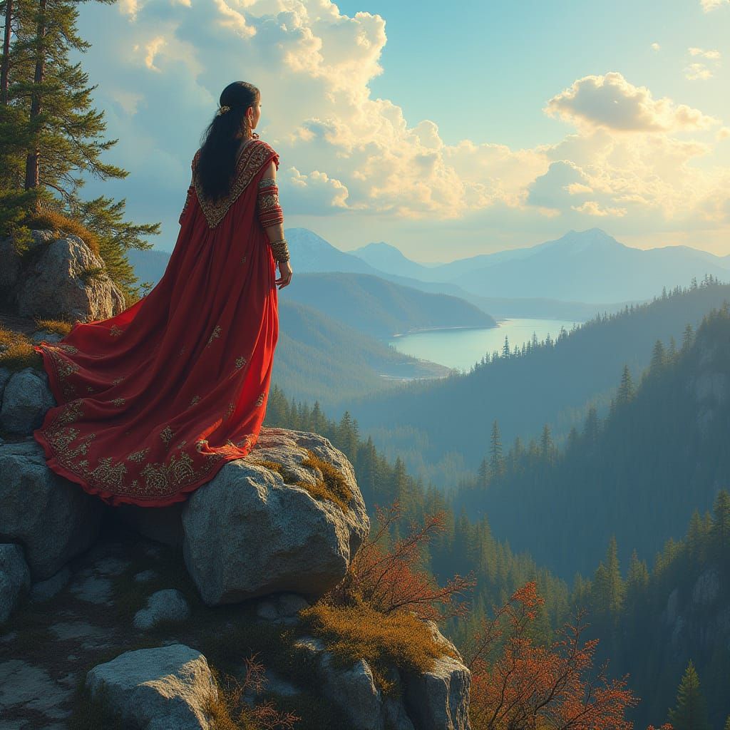 Regal Hero Overlooks Majestic Forest Landscape in Golden Lig...