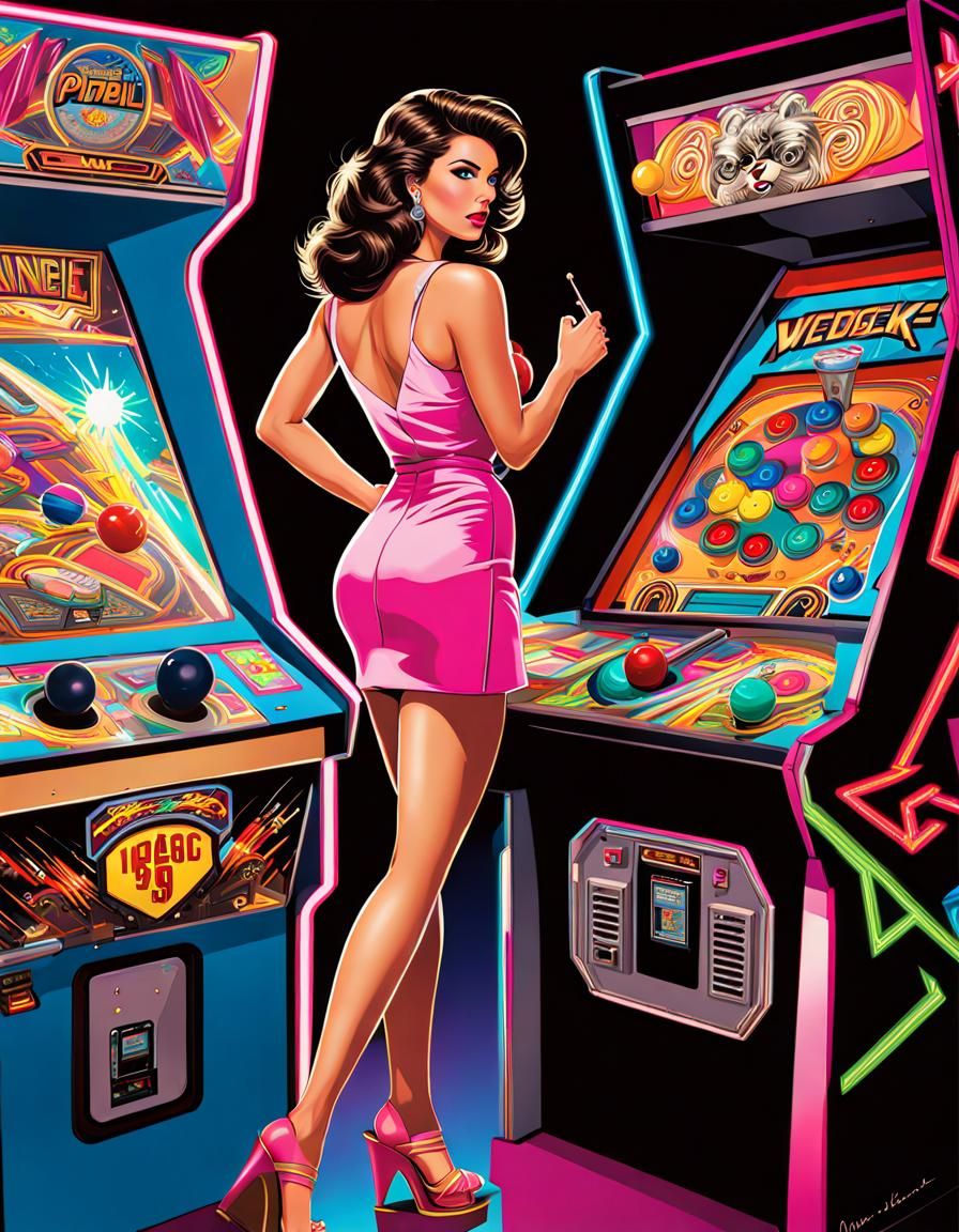 Pin-Up Girl Plays Pinball in 1980s Arcade