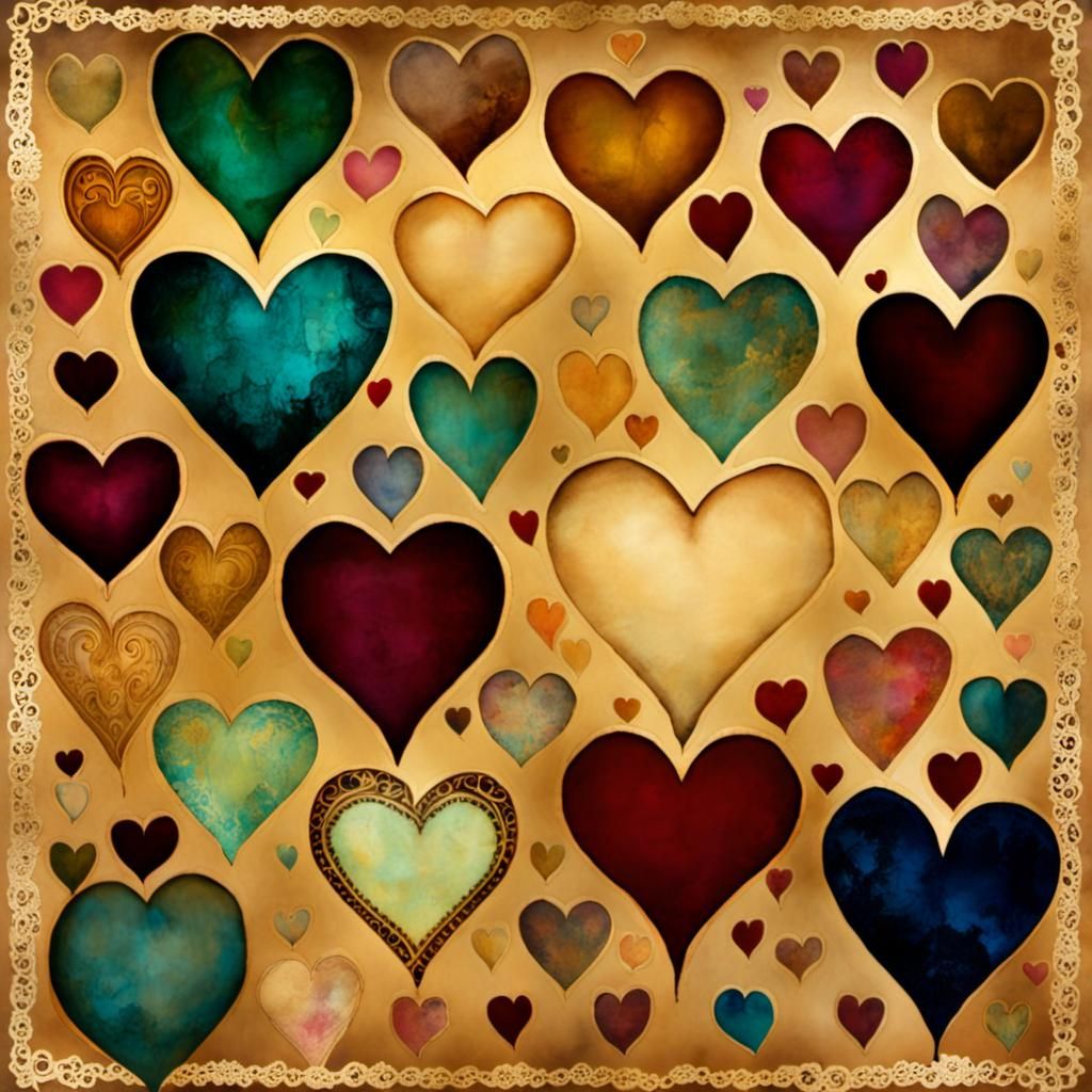 Antique Hearts Collage with Watercolor and Gold Accents