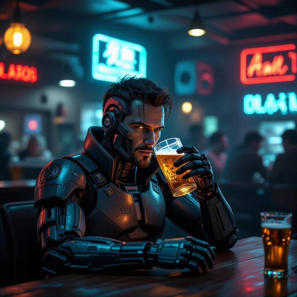 Cyborg in Cantina with Glowing Drink: Cinematic Film Still