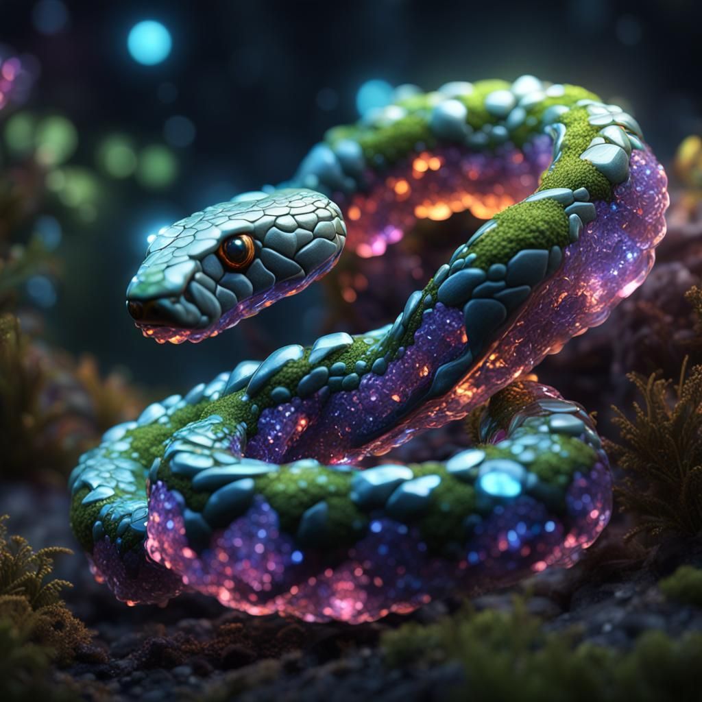 Ornate Crystal Snake with Bioluminescence in 8k