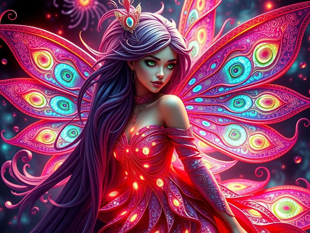 Iridescent Fairy with Peacock Feather Gown in 3D