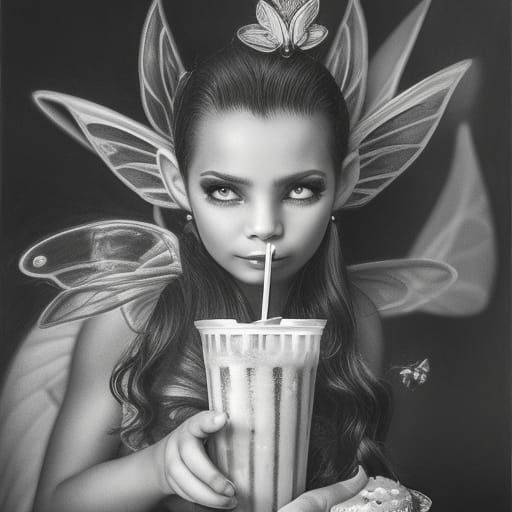 Fairy Goblin with Milkshake: Hyperdetailed Charcoal Drawing