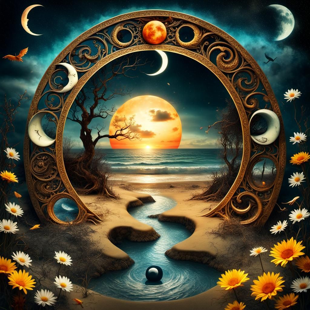 Surreal Yin Yang Sun Moon Sunset Digital Art