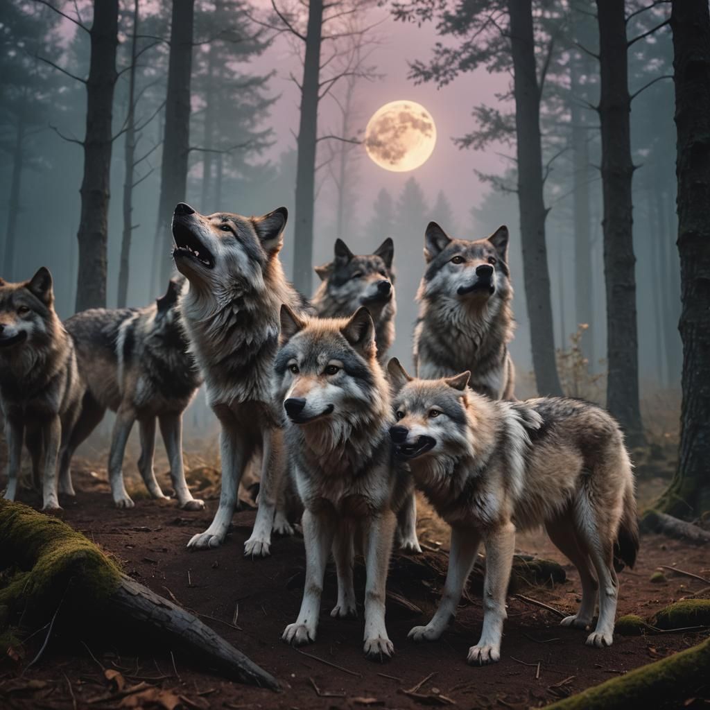 Fluffy Wolves Howling at Moon in Misty Forest
