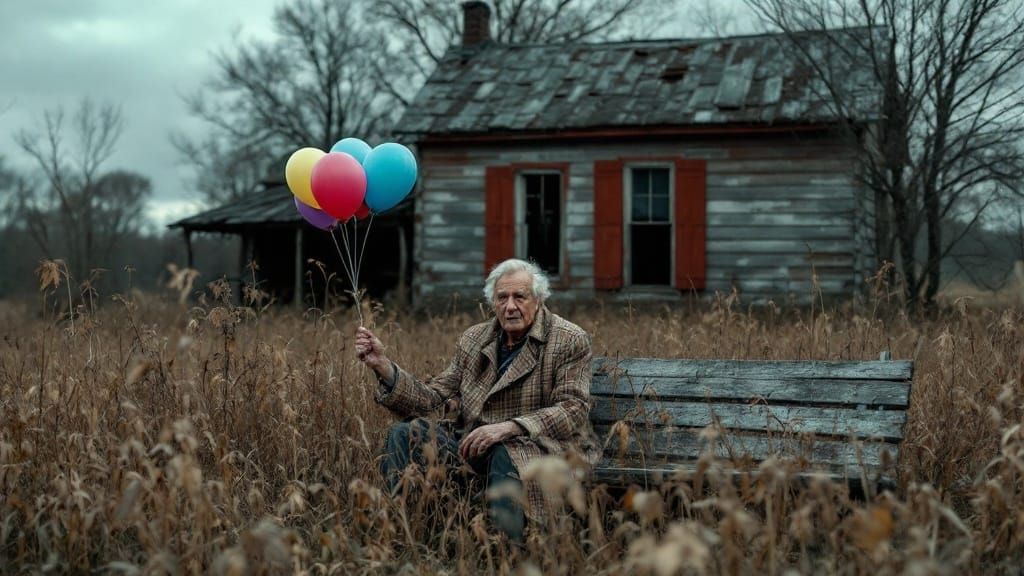 Elderly Person with Balloons in Overgrown Field