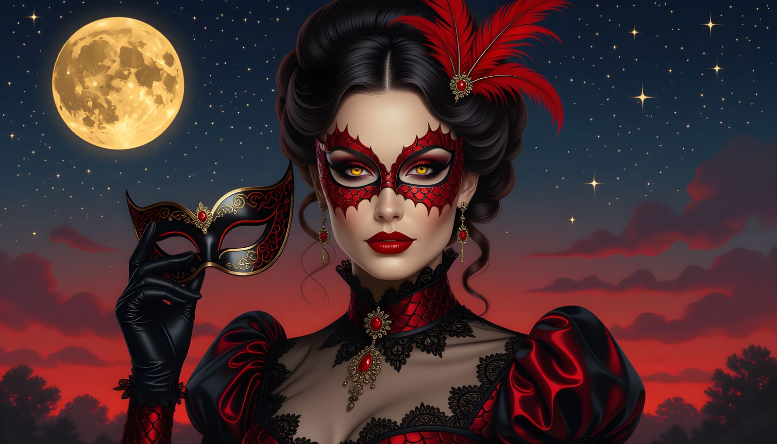 Dragon-Scaled Woman in Red and Black Victorian Dress