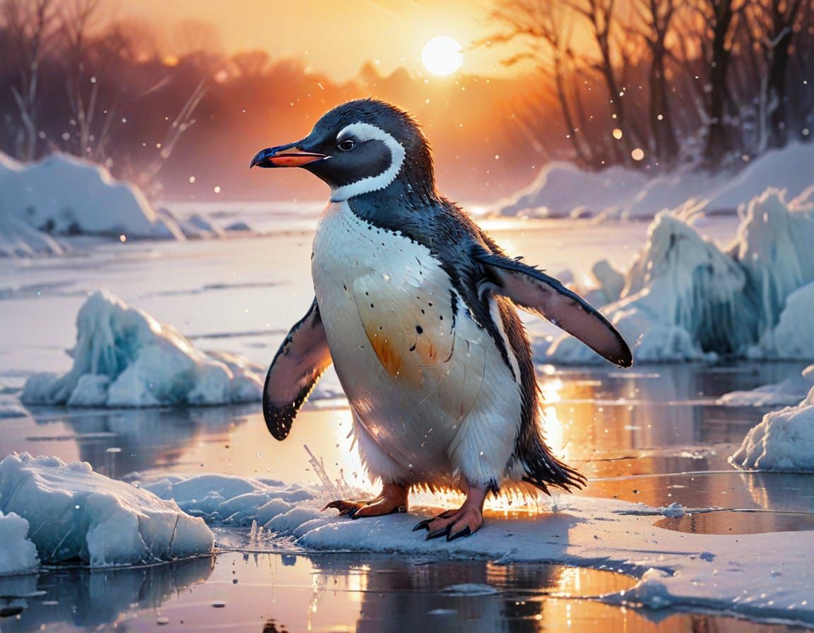 Penguin Slides on Winter Ice, Watercolour Style