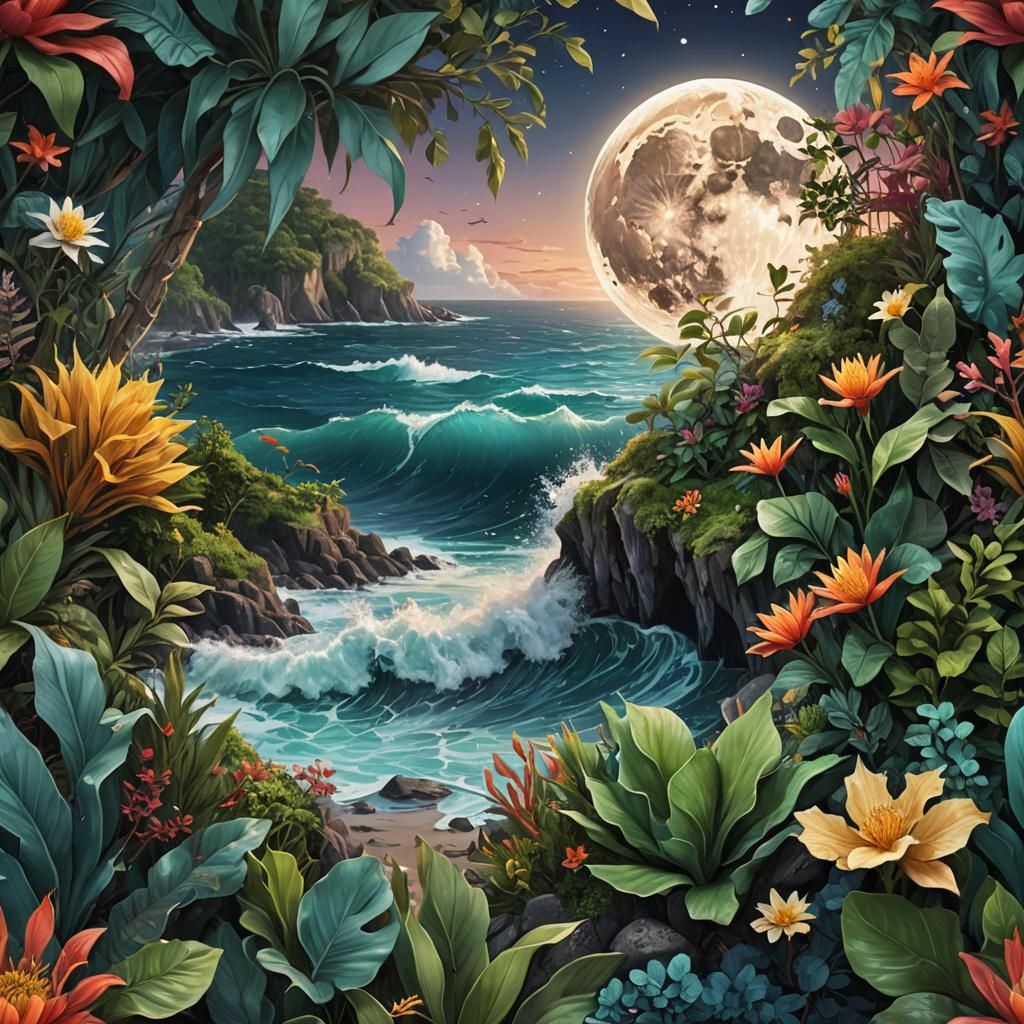 Hygge Moon Over Ocean Plants in Costa Rica