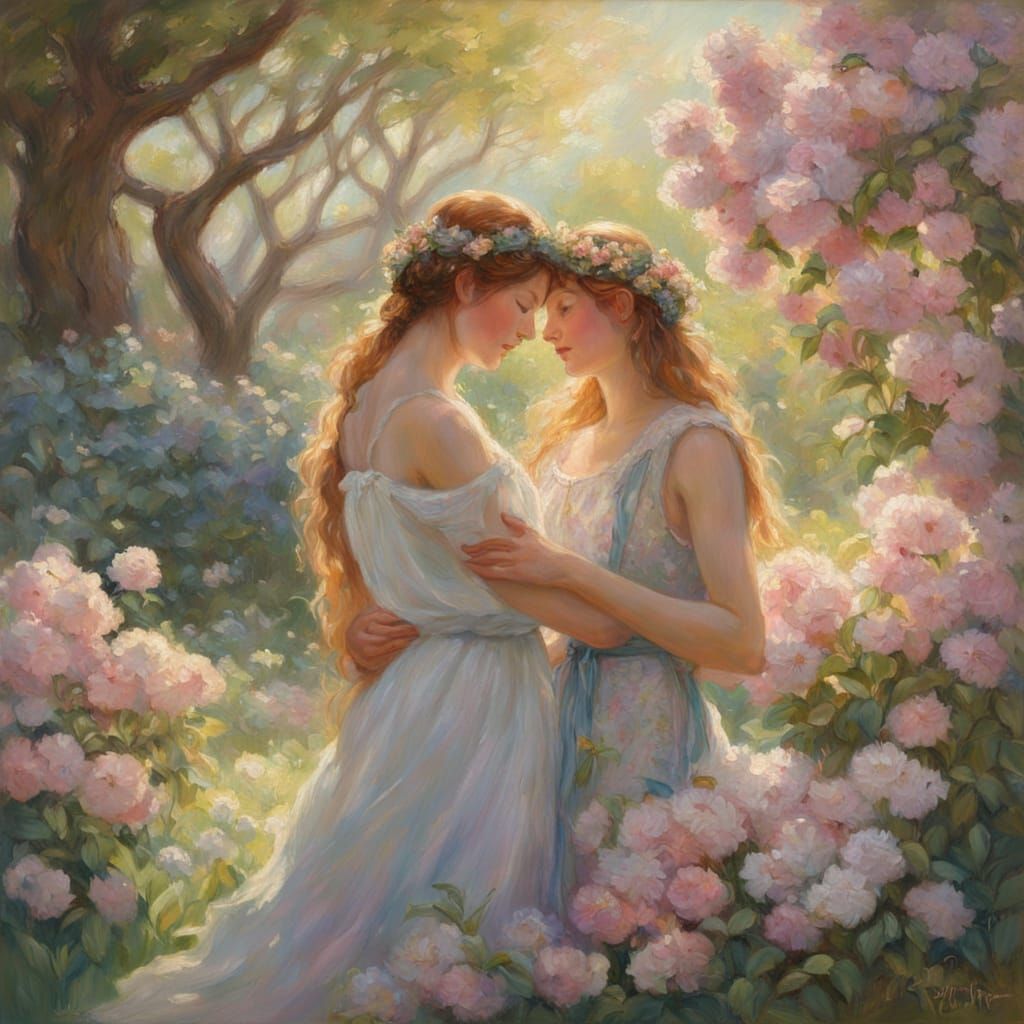 Goddess of Spring Embracing Loved One: Impressionist Oil Pai...