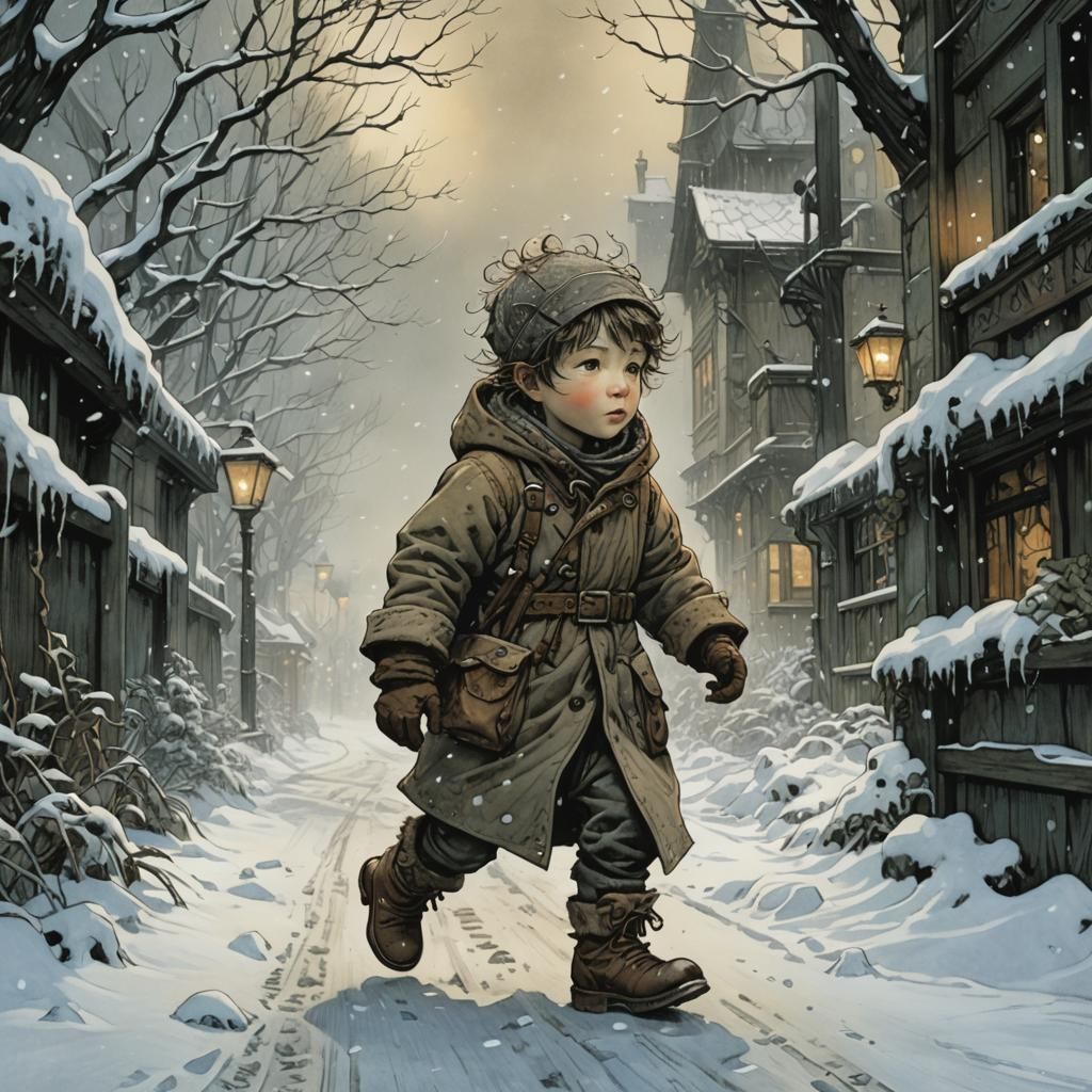 Toddler in Snowstorm: Intricate Fantasy Illustration
