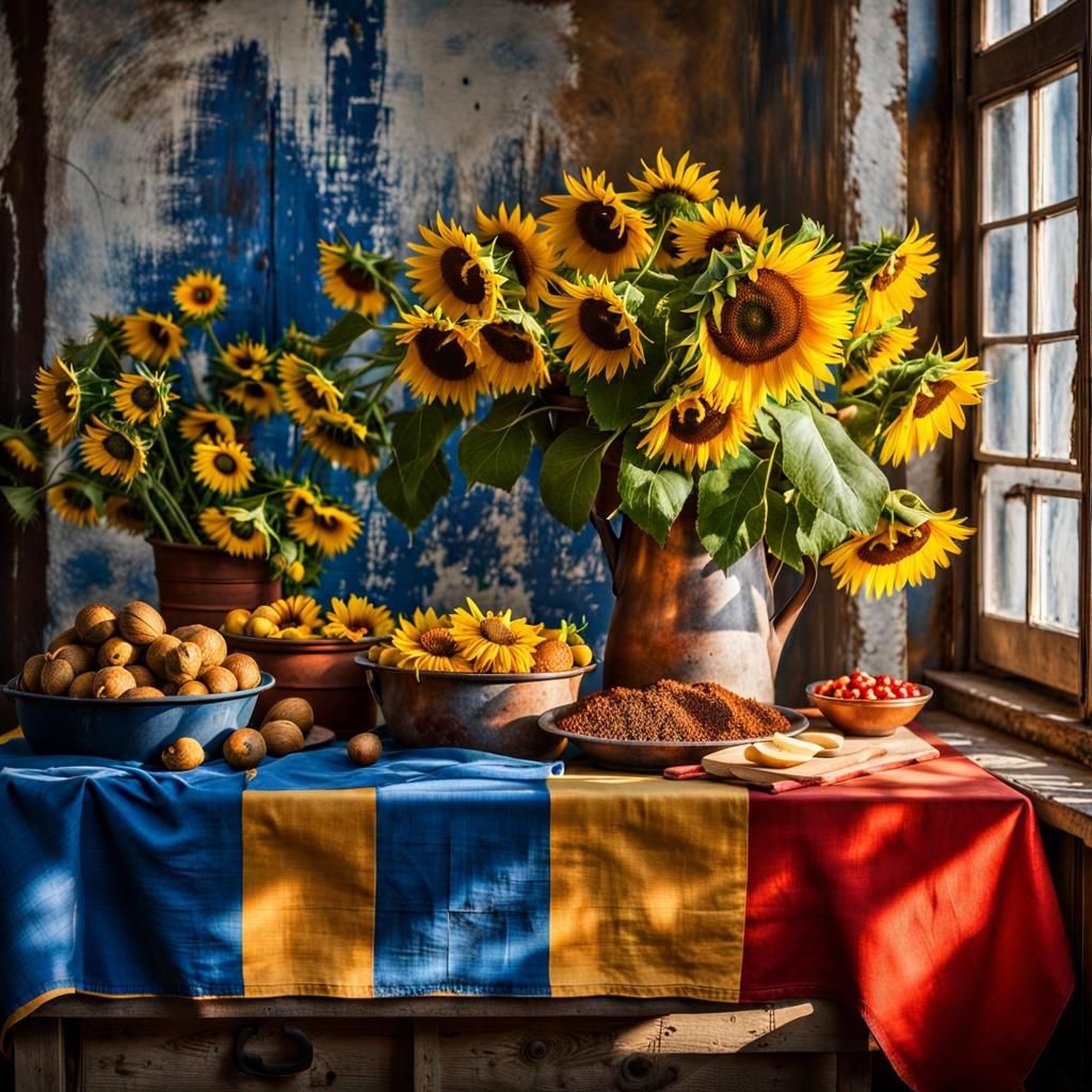 Ukrainian Flowers and Zelenskyy Portrait, Hyperrealist Paint...