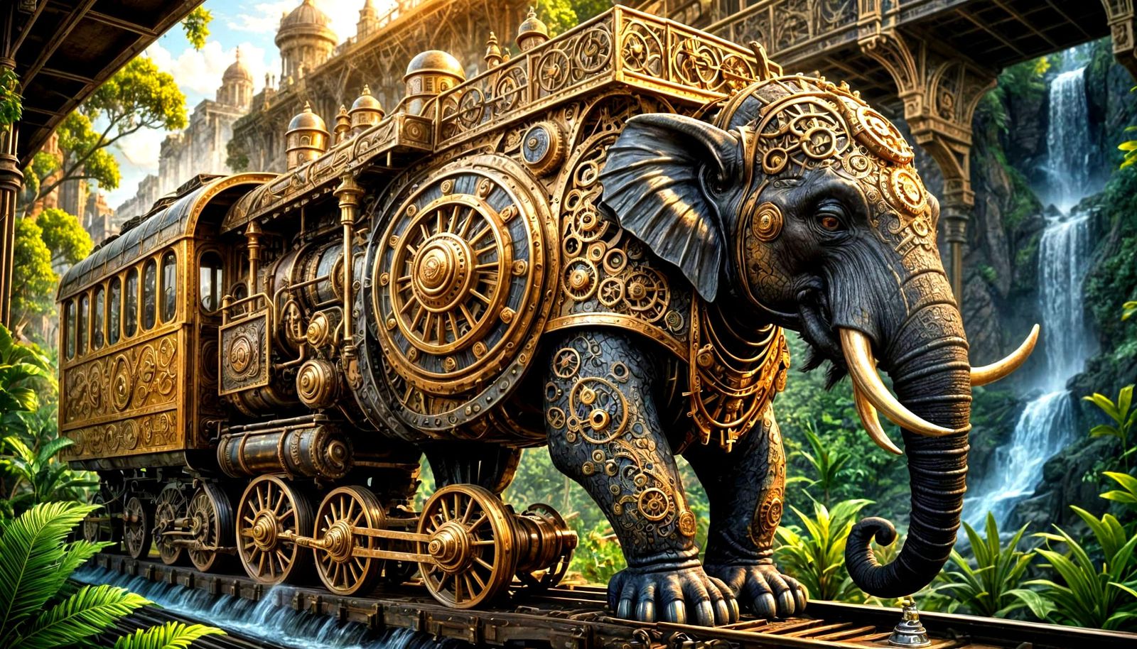 Steampunk Beast-Train in Lush Jungle Landscape