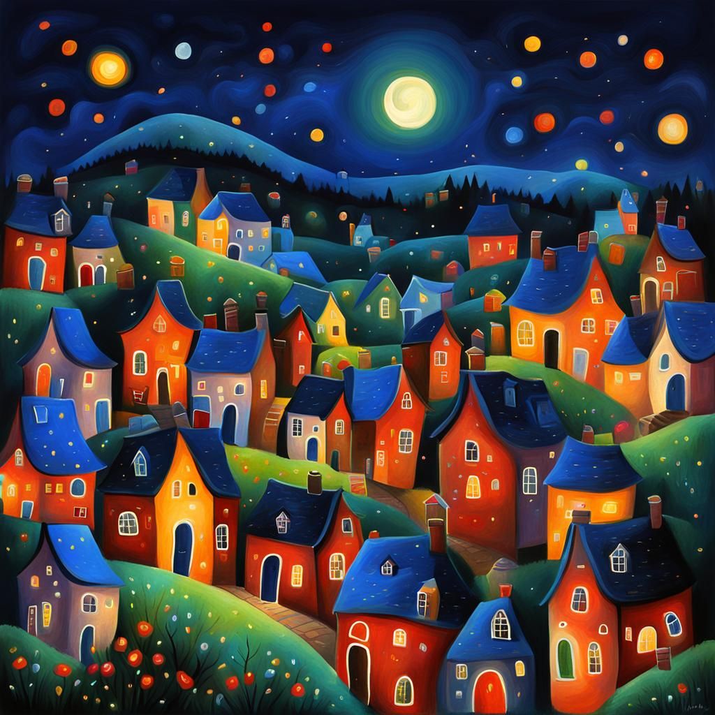 Whimsical Village at Night: Naive Digital Painting