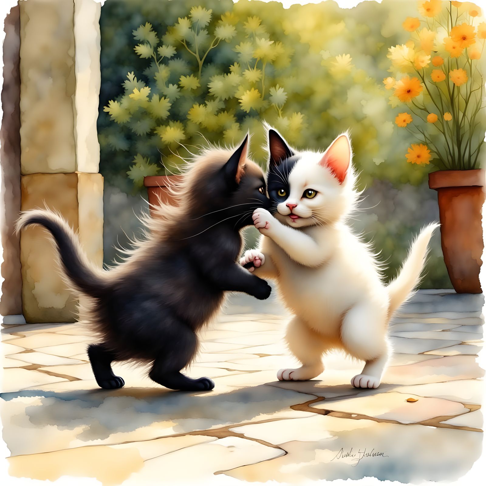 Two Kittens Playing: Watercolor Painting