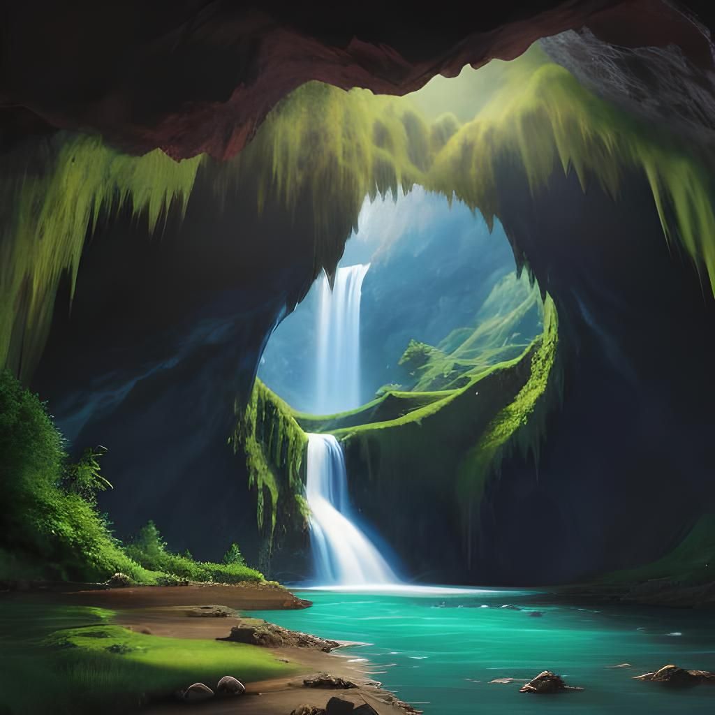 Lush Cave Waterfall: A Hidden Mountain Oasis