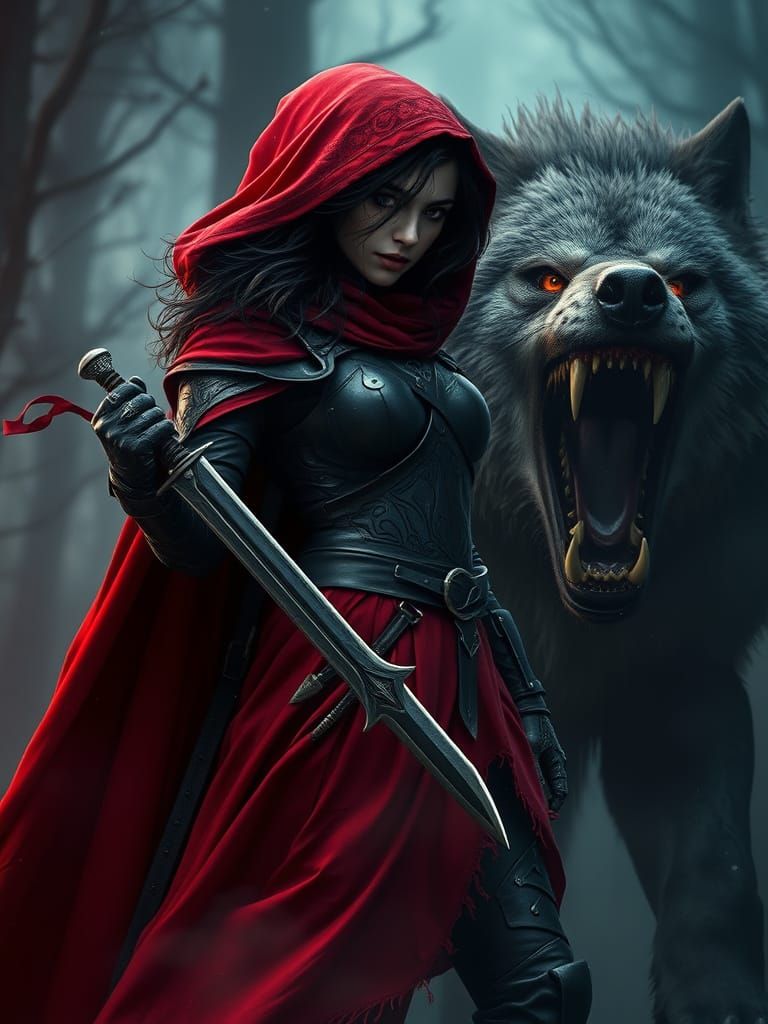 Dark Fantasy Warrior Woman Confronts Fierce Wolf in Mystic F...