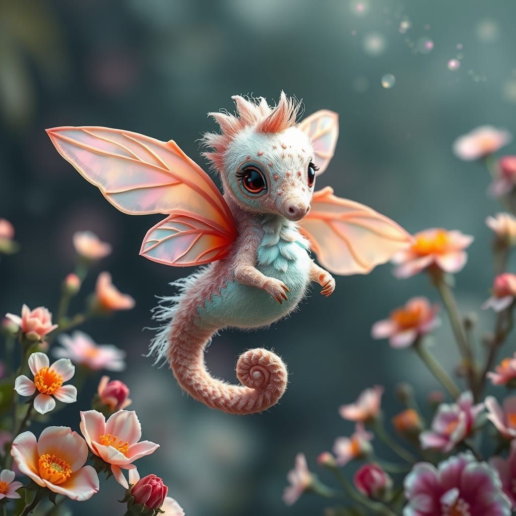 Iridescent Wings Unfold from Fuzzy Seahorse Amidst Blooming ...