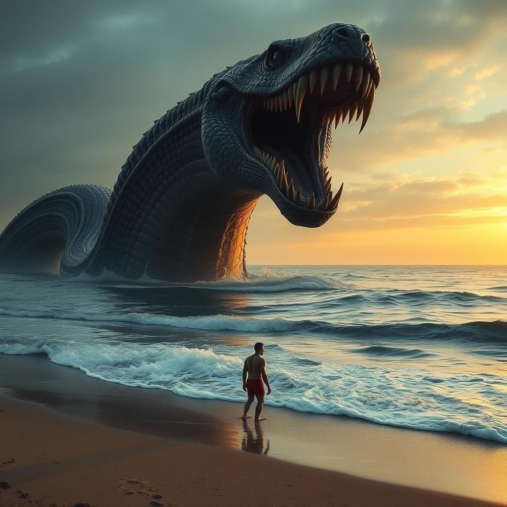 Horrific Sea Serpent Confronts Swimmer at Dusk