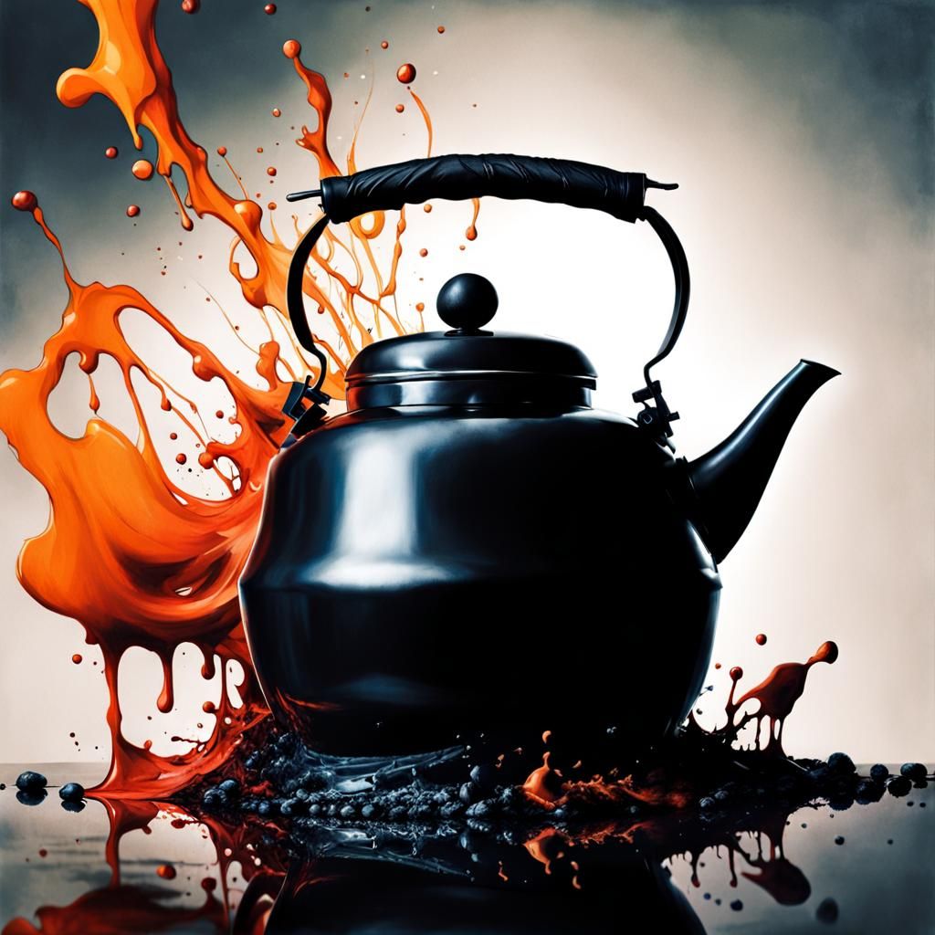 Spooky Anthropomorphic Kettle Screaming in a Cosy Kitchen