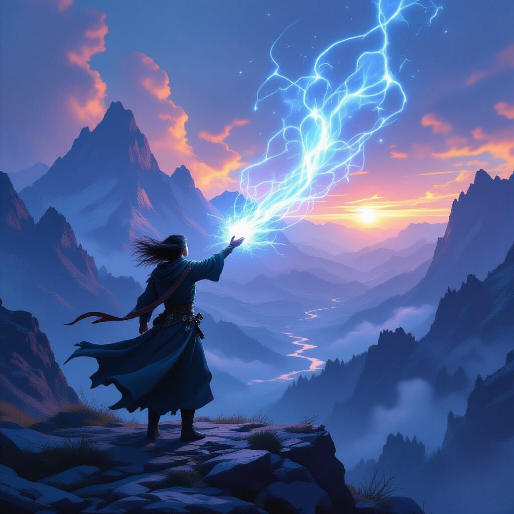 Young Mage Conjuring Spell on Mountaintop