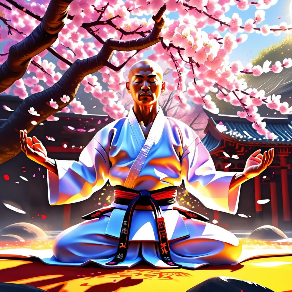 Karate Master Meditates Under Cherry Blossom Tree